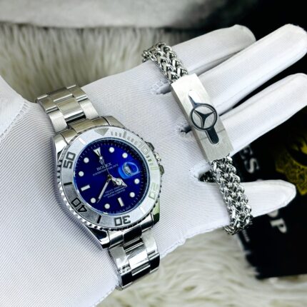 Full Silver T Blue Submeriner Watch And Braclet Combo