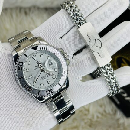 Silver White RLX Yach Submarine Watches & Bracelet Combo 